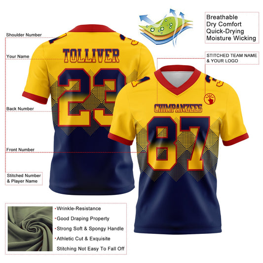 Custom Yellow Navy-Red Mesh Authentic Gradient Square Shape Flag Football Jersey