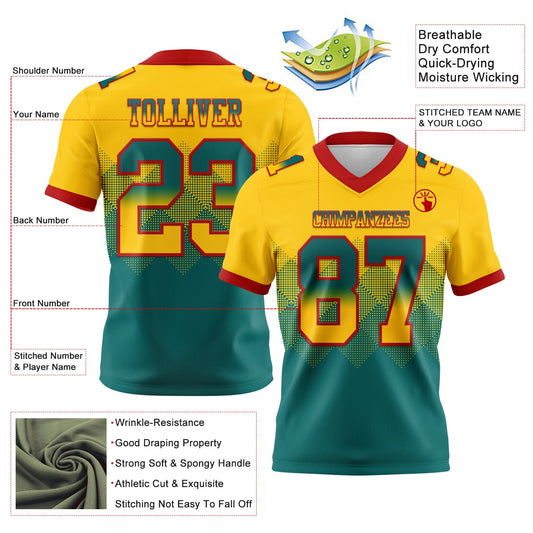 Custom Yellow Teal-Red Mesh Authentic Gradient Square Shape Flag Football Jersey