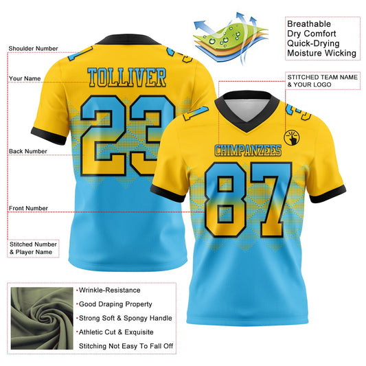 Custom Yellow Sky Blue-Black Mesh Authentic Gradient Square Shape Flag Football Jersey