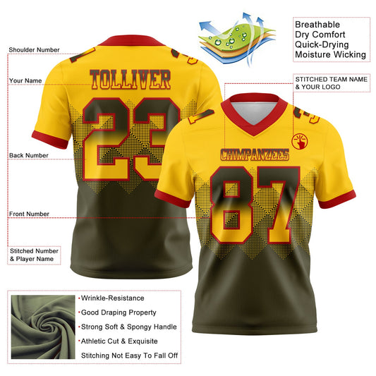 Custom Yellow Olive-Red Mesh Authentic Gradient Square Shape Flag Football Jersey