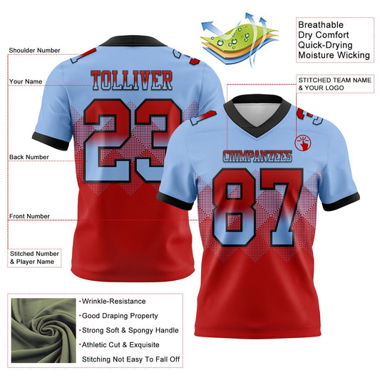 Custom Light Blue Red-Black Mesh Authentic Gradient Square Shape Flag Football Jersey