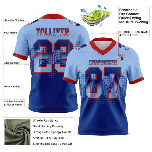 Custom Light Blue Royal-Red Mesh Authentic Gradient Square Shape Flag Football Jersey