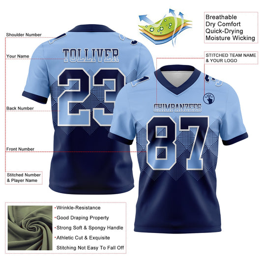 Custom Light Blue Navy-White Mesh Authentic Gradient Square Shape Flag Football Jersey