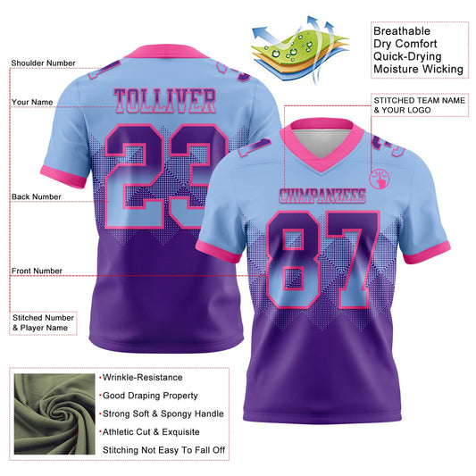 Custom Light Blue Purple-Pink Mesh Authentic Gradient Square Shape Flag Football Jersey
