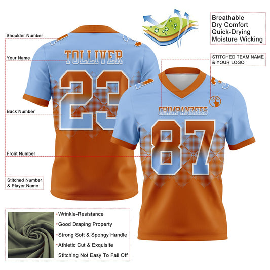 Custom Light Blue Texas Orange-White Mesh Authentic Gradient Square Shape Flag Football Jersey