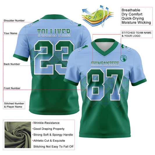 Custom Light Blue Kelly Green-White Mesh Authentic Gradient Square Shape Flag Football Jersey