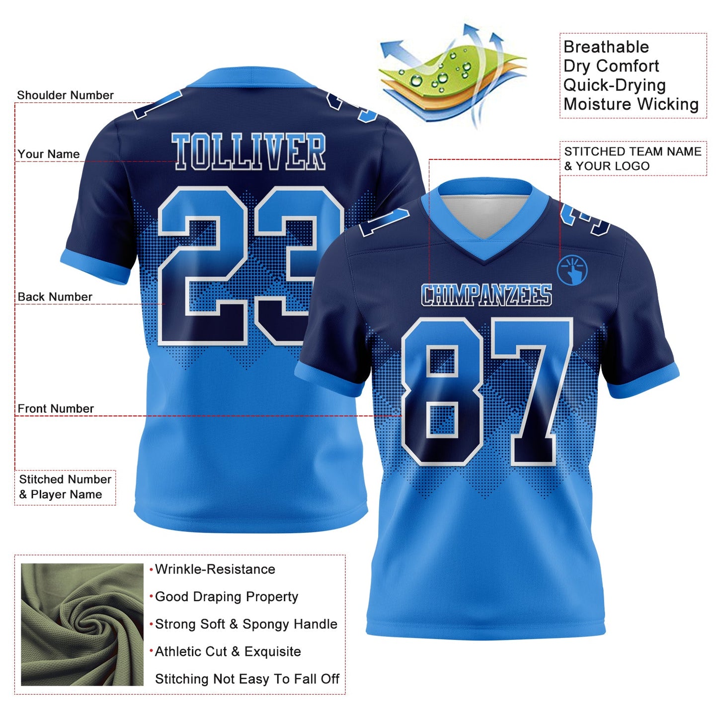 Custom Navy Powder Blue-White Mesh Authentic Gradient Square Shape Flag Football Jersey