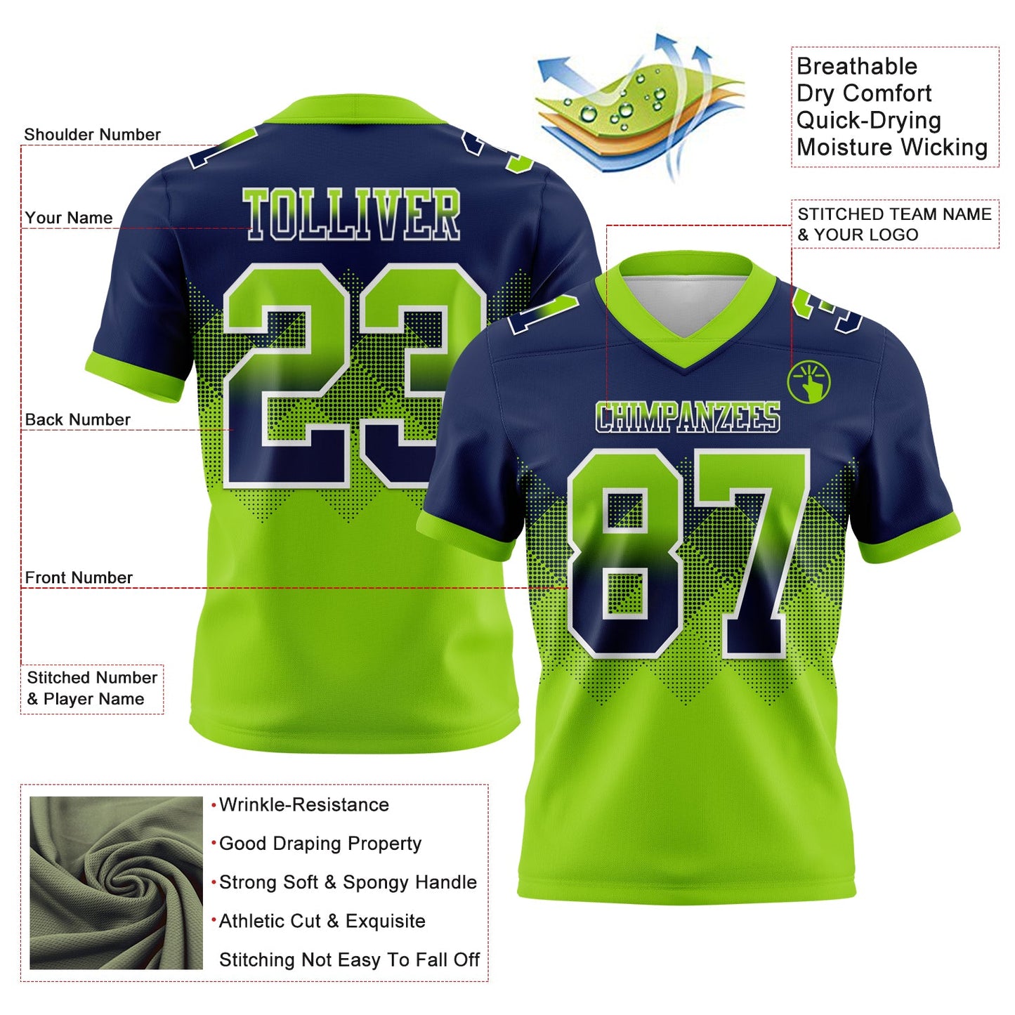 Custom Navy Neon Green-White Mesh Authentic Gradient Square Shape Flag Football Jersey