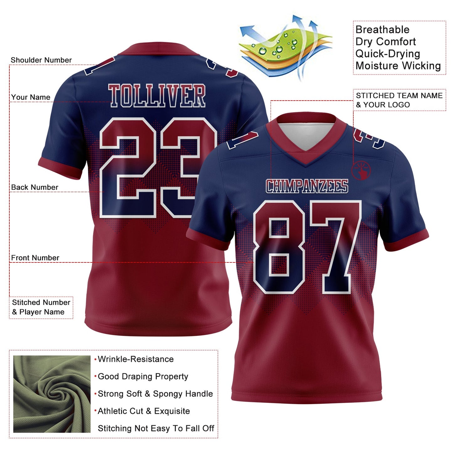 Custom Navy Crimson-White Mesh Authentic Gradient Square Shape Flag Football Jersey