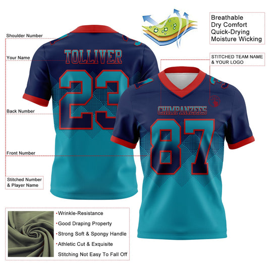 Custom Navy Teal-Red Mesh Authentic Gradient Square Shape Flag Football Jersey