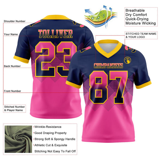 Custom Navy Pink-Yellow Mesh Authentic Gradient Square Shape Flag Football Jersey