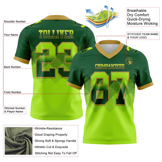 Custom Green Neon Green-Old Gold Mesh Authentic Gradient Square Shape Flag Football Jersey
