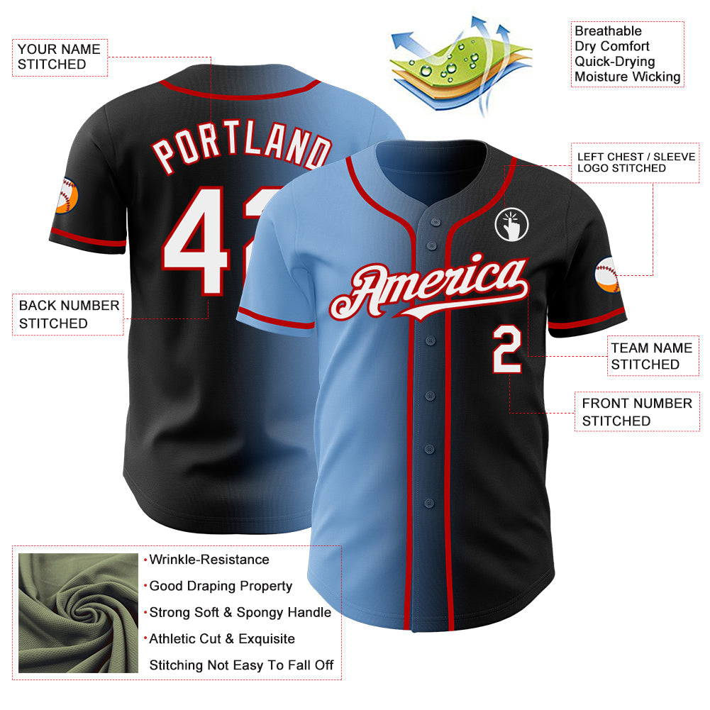 Custom Black White Light Blue-Red Authentic Gradient Fashion Baseball Jersey