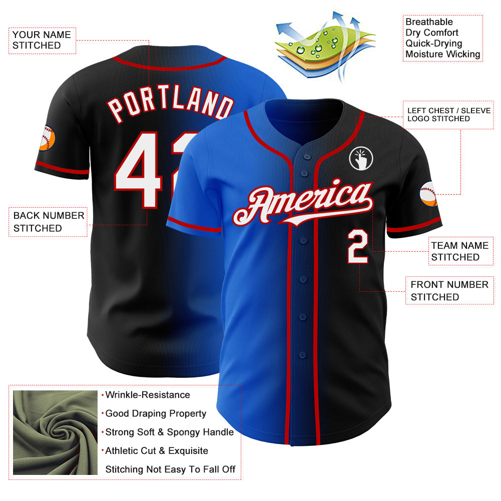 Custom Black White Thunder Blue-Red Authentic Gradient Fashion Baseball Jersey