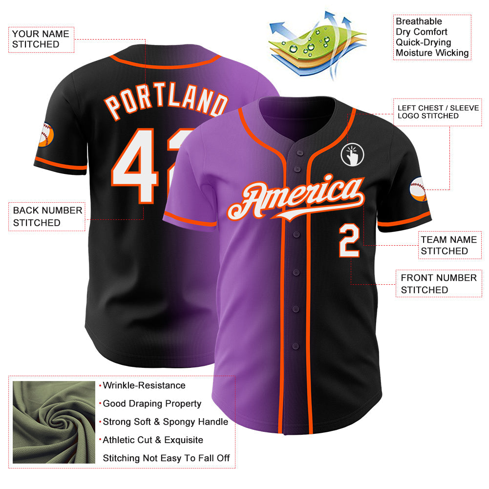 Custom Black White Medium Purple-Orange Authentic Gradient Fashion Baseball Jersey