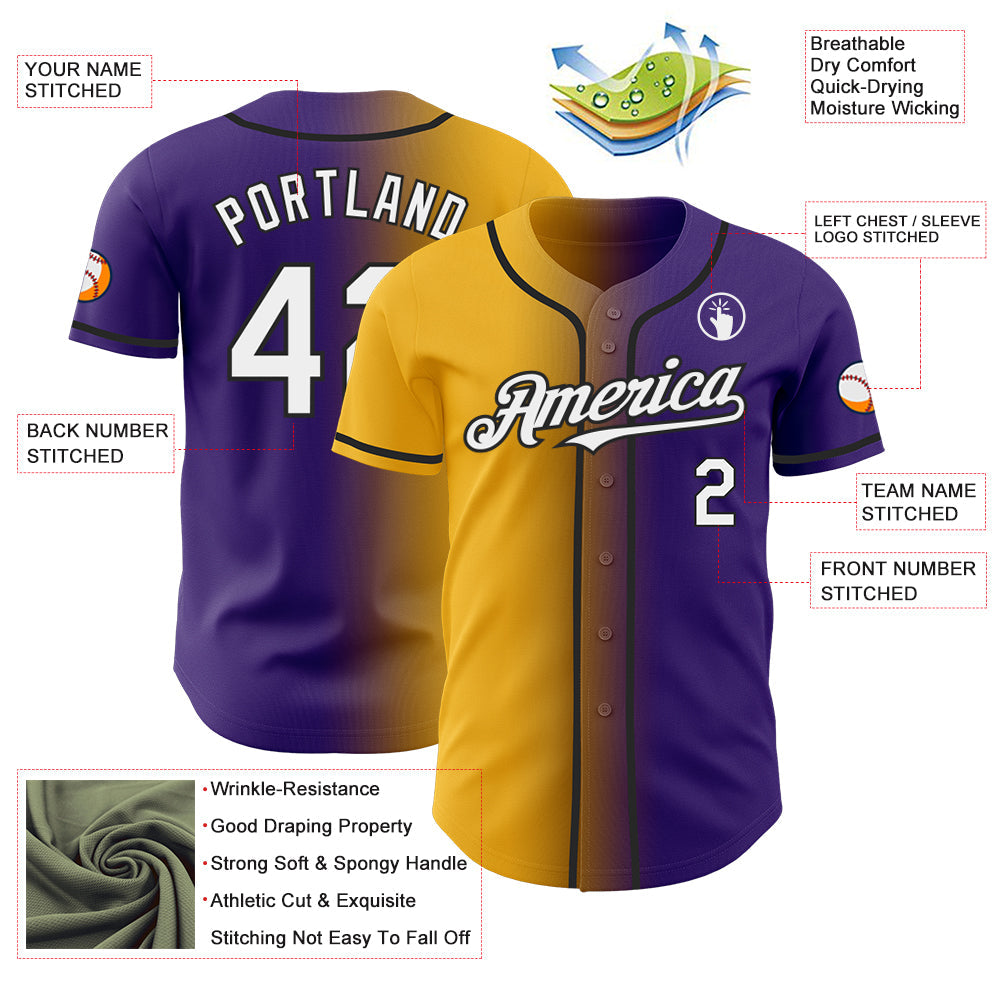 Custom Purple White Gold-Black Authentic Gradient Fashion Baseball Jersey