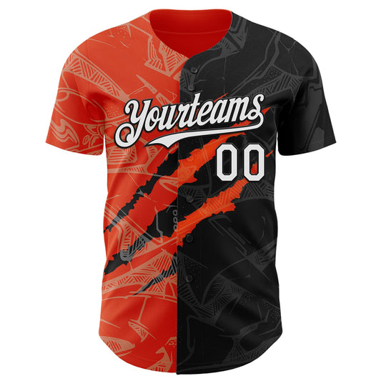 Custom Graffiti Pattern White Black-Orange 3D Scratch Authentic Baseball Jersey