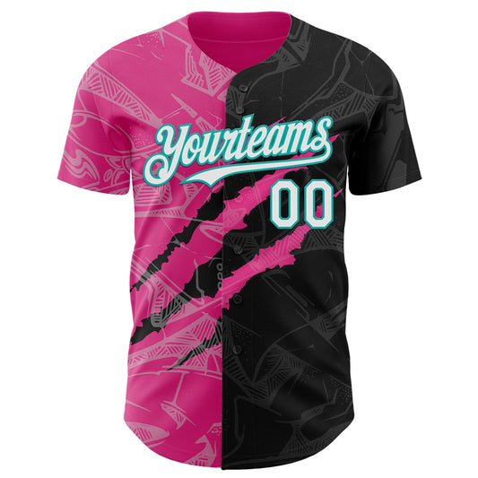 Custom Graffiti Pattern White Black Pink-Aqua 3D Scratch Authentic Baseball Jersey
