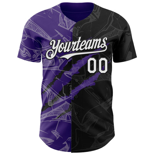 Custom Graffiti Pattern White Black-Purple 3D Scratch Authentic Baseball Jersey