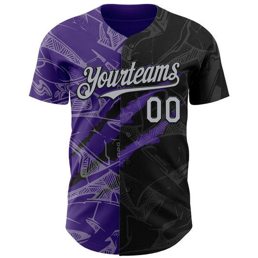 Custom Graffiti Pattern Gray Black-Purple 3D Scratch Authentic Baseball Jersey