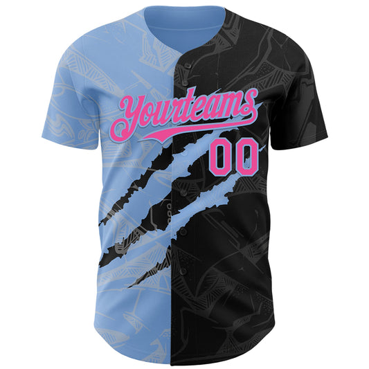 Custom Graffiti Pattern Pink Black-Light Blue 3D Scratch Authentic Baseball Jersey