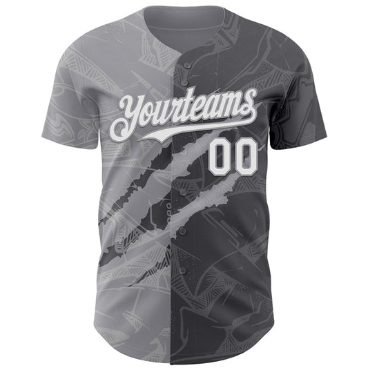 Custom Graffiti Pattern White Steel Gray-Gray 3D Scratch Authentic Baseball Jersey