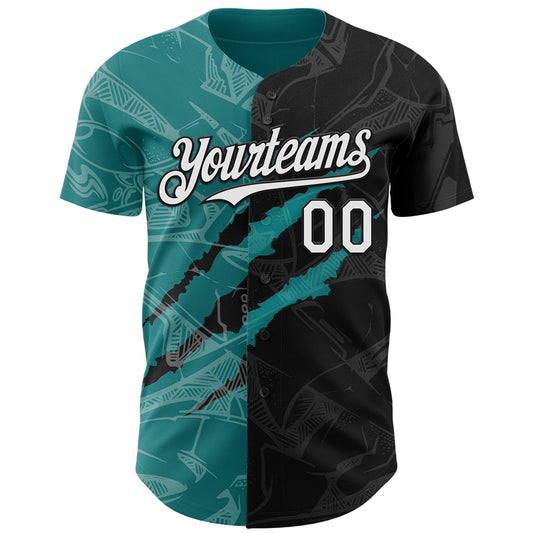 Custom Graffiti Pattern White Black-Teal 3D Scratch Authentic Baseball Jersey