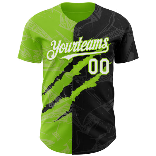 Custom Graffiti Pattern White Black-Neon Green 3D Scratch Authentic Baseball Jersey