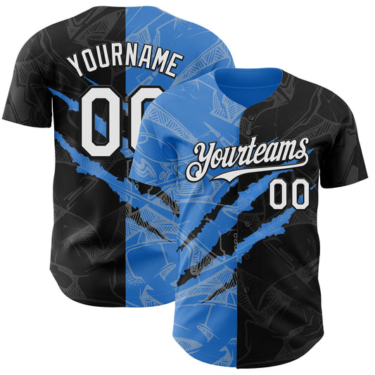 Custom Graffiti Pattern White Black-Electric Blue 3D Scratch Authentic Baseball Jersey