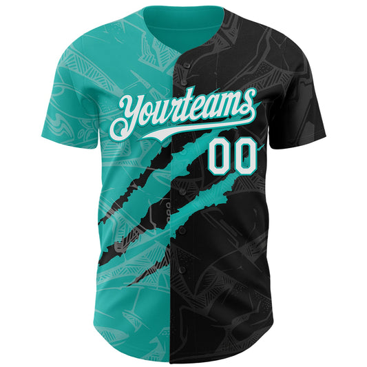 Custom Graffiti Pattern White Black-Aqua 3D Scratch Authentic Baseball Jersey