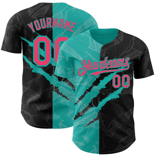 Custom Graffiti Pattern Neon Pink Black-Aqua 3D Scratch Authentic Baseball Jersey