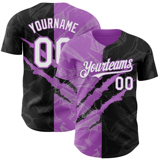 Custom Graffiti Pattern White Black-Medium Purple 3D Scratch Authentic Baseball Jersey