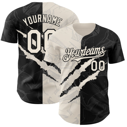 Custom Graffiti Pattern Cream-Black 3D Scratch Authentic Baseball Jersey