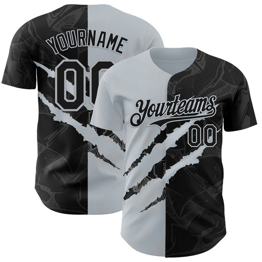 Custom Graffiti Pattern Black-Silver 3D Scratch Authentic Baseball Jersey