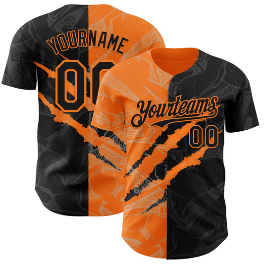 Custom Graffiti Pattern Black-Bay Orange 3D Scratch Authentic Baseball Jersey
