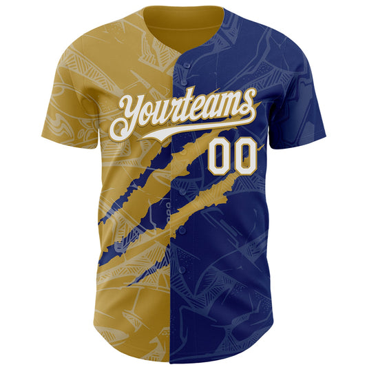 Custom Graffiti Pattern White Royal-Old Gold 3D Scratch Authentic Baseball Jersey
