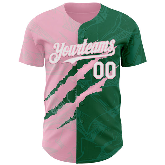 Custom Graffiti Pattern White Kelly Green-Light Pink 3D Scratch Authentic Baseball Jersey