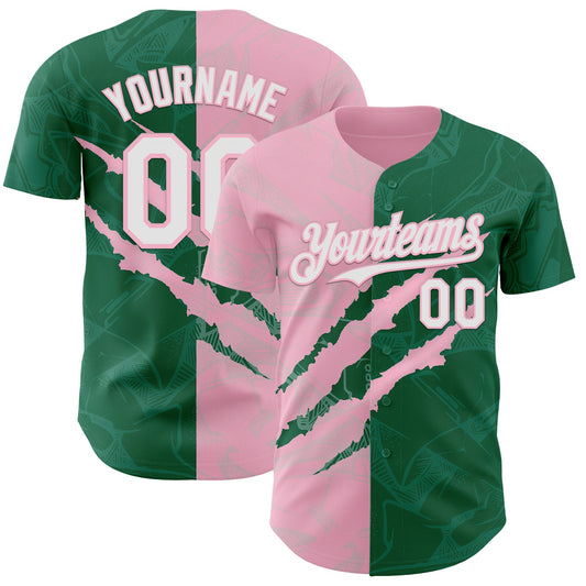 Custom Graffiti Pattern White Kelly Green-Light Pink 3D Scratch Authentic Baseball Jersey