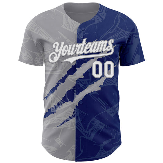 Custom Graffiti Pattern White Royal-Gray 3D Scratch Authentic Baseball Jersey