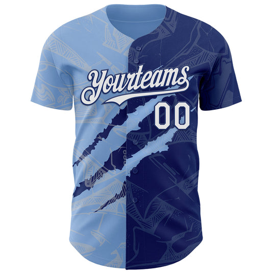Custom Graffiti Pattern White Royal-Light Blue 3D Scratch Authentic Baseball Jersey