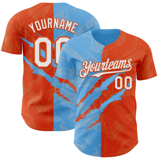 Custom Graffiti Pattern White Orange-Sky Blue 3D Scratch Authentic Baseball Jersey