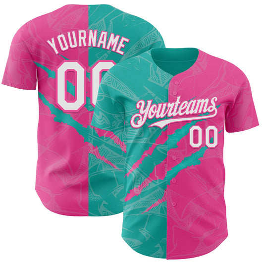 Custom Graffiti Pattern White Pink-Aqua 3D Scratch Authentic Baseball Jersey