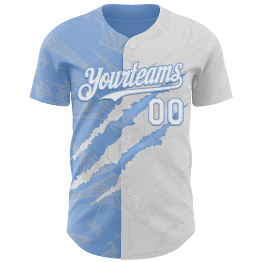 Custom Graffiti Pattern White-Light Blue 3D Scratch Authentic Baseball Jersey