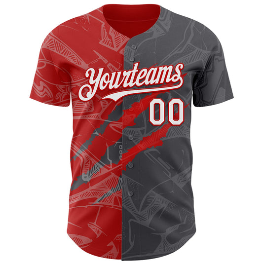 Custom Graffiti Pattern White Steel Gray-Red 3D Scratch Authentic Baseball Jersey
