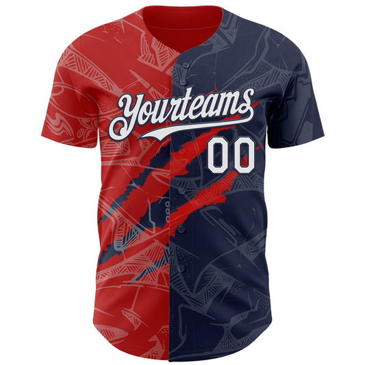 Custom Graffiti Pattern White Navy-Red 3D Scratch Authentic Baseball Jersey