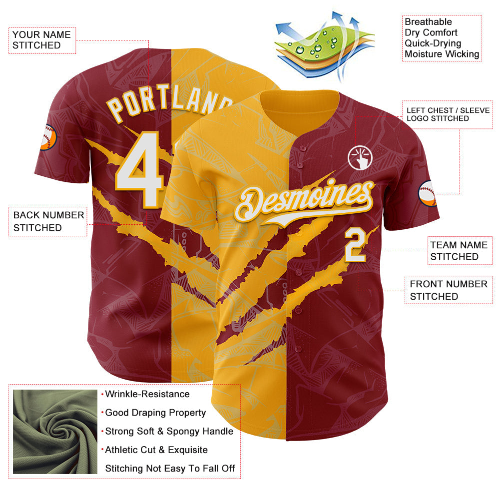 Custom Graffiti Pattern White Crimson-Gold 3D Scratch Authentic Baseball Jersey