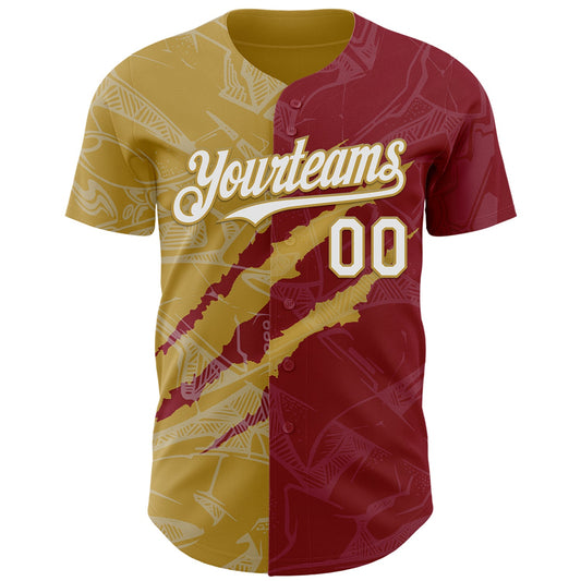 Custom Graffiti Pattern White Crimson-Old Gold 3D Scratch Authentic Baseball Jersey