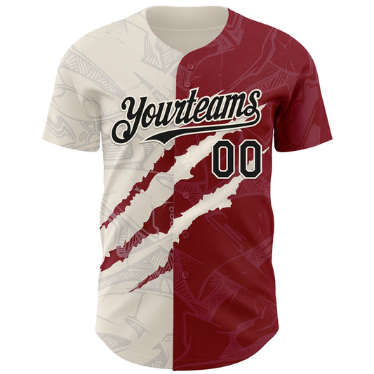 Custom Graffiti Pattern Black Crimson-Cream 3D Scratch Authentic Baseball Jersey