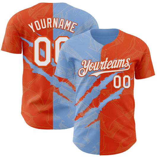 Custom Graffiti Pattern White Orange-Light Blue 3D Scratch Authentic Baseball Jersey