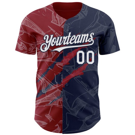 Custom Graffiti Pattern White Navy-Crimson 3D Scratch Authentic Baseball Jersey